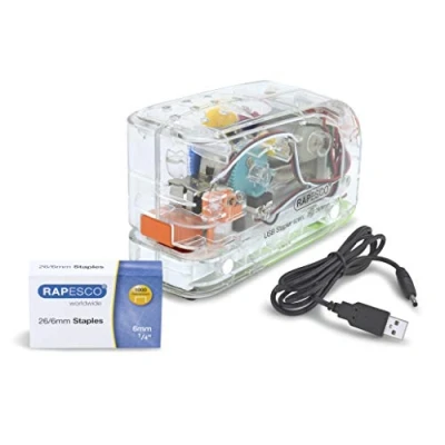 Bild av Rapesco 1450 626EL Automatisk Elektrisk Häftapparat (USB/Batteri) med 1000 26/6 mm Häftklamrar, Kapacitet på 15 Ark, Transparent