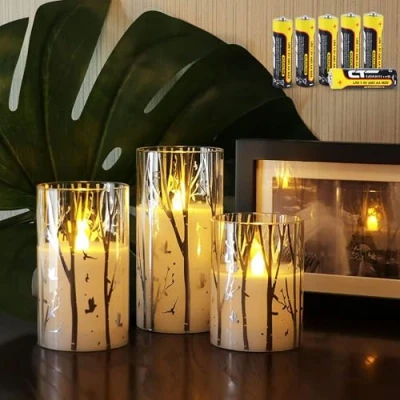 Bild av Rhytsing 3 flimrande flamlösa blockljus led med timer, glas ljuslyktor silver björkdesign varmt vit ljus, höjd 10/12,5/15 cm, batterier ingår