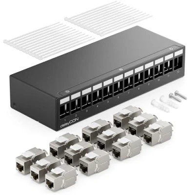 Bild av deleyCON 12 Portar CAT7 Patchpanel Uppsättning med 12x CAT.7 RJ45 Keystone Jack Modul STP 10 Gbit/s Kompatibel Installationskabel CAT6 CAT6a CAT8 Ethernet LAN DSL Nätverkskabel Svart