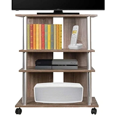 Bild av Bakaji Trä MDF TV Skåp med 3 hyllor Dörr Console Videospel DVD och 4 Hjul Vagn Design Modern Storlek 60 x 45 80,5 cm arm stöd (Brown)