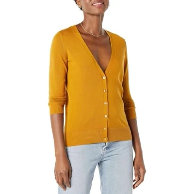 Bild av Amazon Essentials Kvinnors Lätt V ringad cardigan tröja (finns i plusstorlek), Senapsgul, L