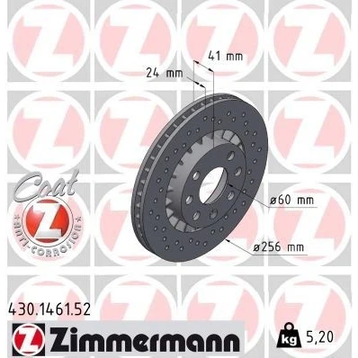 Bild av ZIMMERMANN SPORT COAT Z 430.1461.52 Disque de frein 256 24 7/4 4 100 ventilé l&#039;extérieur, troué revêtu OPEL: Calibra A, Astra F CC, Berline