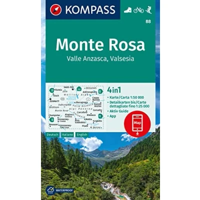 Bild av Cartina escursionistica n. 88 Monte Rosa, Valle Anzasca, Valsesia: 4in1 Wanderkarte mit Aktiv Guide und Detailkarten inklusive Karte zur offline ... in der KOMPASS App. Fahrradfahren. Skitouren.