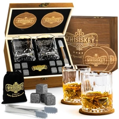 Bild av Whisiskey whiskyglas set whiskytillbehörsset 8 whiskystenar presenter för män julklappar 2 glas, tång och underlägg ingår