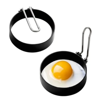 Bild av Premier Housewares förpackning med 2 icke klibbiga äggringar rostfria stekta för stekning Cirkeläggringar i metall perfekta ägg Crumpet ringar fällbart handtag