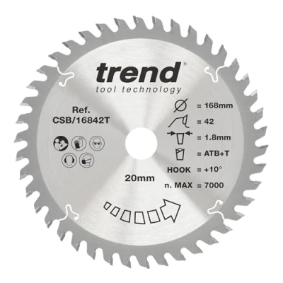 Bild av Trend Wood sladdlös cirkelsågblad, 168 mm diameter, 20 borrning, 42 tänder, 1,8 skärfog, +10 krok, TCT, fin yta, CSB/16842T