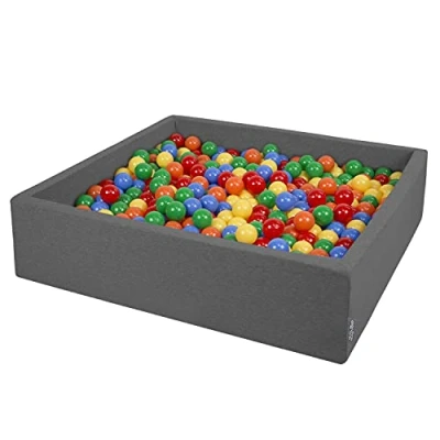 Bild av KiddyMoon Skumbollhav 120 x 30 cm/600 bollar, stor fyrkant med plastbollar, certifierat, tillverkat i EU, mörkgrått: gult grönt blått rött orange