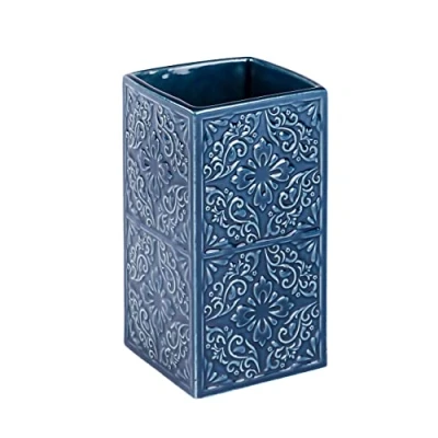 Bild av WENKO Tandborstkopp Cordoba, högkvalitativ tandborsthållare för tandborste och tandkräm av ädel keramik med spanska ornament, 6,5 x 12 cm, blå
