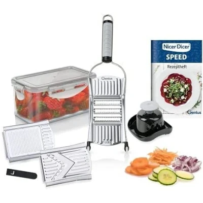 Bild av Genius Nicer Dicer Speed Set 9 delar multihyvel grönsaksskärare grönsakshyvel med 3 insatser, skärmaterialhållare och uppsamlingsbehållare 550 ml parmesanrivare, julienrivare V hyvel, silver