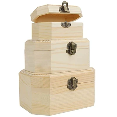 Bild av BELLE VOUS skattkista (3 pack) vanlig omålad smyckeskrin i trä med lock vintage dekorativ förvaring tall hantverk presentförpackning för halsband, örhängen, ringar, armband