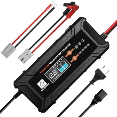 Bild av ECO WORTHY 12 V/24 V 20 A LiFePO4 batteriladdare med multi nuvarande alternativ 5A/10A/15A/20A, automatisk blybatteri spänningsidentifiering för bil, lastbil, motorcykel, gräsklippare