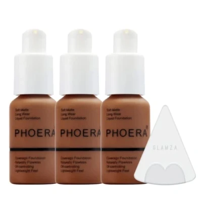 Bild av Glamza Phoera foundation sminkset med full täckning 24 timmar långvarig oljekontroll mjuk slät matt felfri concealerkräm Inc x3 30 ml &amp; silikonblandarsvamp (110 tryffel)