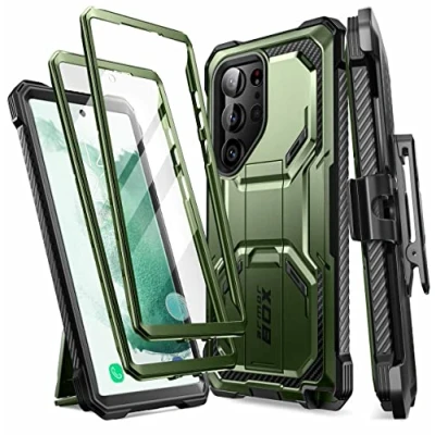 Bild av i Blason Armorbox fodral till Samsung Galaxy S23 Ultra 5G (2023 Release), [Extra främre ram] heltäckande robust stativ, hölster, skyddande stötfångarfodral med inbyggt skärmskydd (guldan)