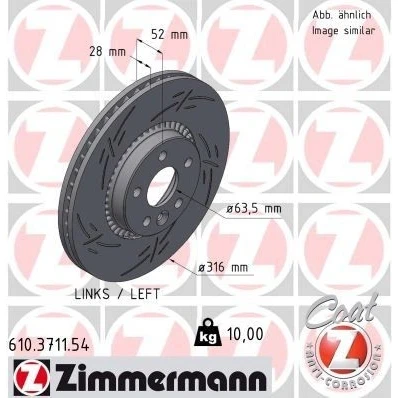 Bild av ZIMMERMANN 610.3711.54 Disque de frein 316 28 6/5 5 108 ventilé l&#039;extérieur, fendu revêtu VOLVO: V60 I, S60 II, XC70 II Break, FORD: S Max Mk1