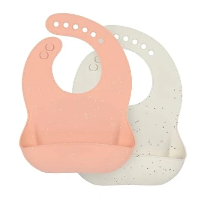 Bild av LÄSSIG babyhaklappsats i silikon (2 delar) barnlappar med droppbricka kan tvättas diskmaskin, orange/beige