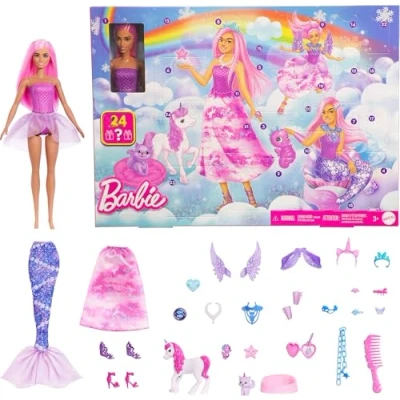 Bild av Barbie adventskalender med docka och 24 överraskande leksakstillbehör, som enhörning husdjur. Förvandla modedockan till en sjöjungfru, älva mera, JFL66