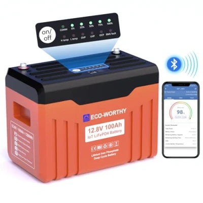 Bild av ECO WORTHY LiFePO4 12 V 100 Ah med LED skärm, litiumbatteri BMS lågtemperaturskydd och max. 15 000 cykler, 1 280 Wh för husbil, solpanel