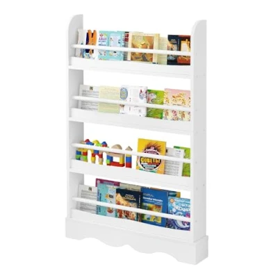 Bild av Lestarain barnbokhylla, barnhylla med 4 plan, förvaringshylla för böcker, leksaker, hylla barnrum dagis, tippskydd, tillverkad av MDF trä, 60x12x108,5cm, vit
