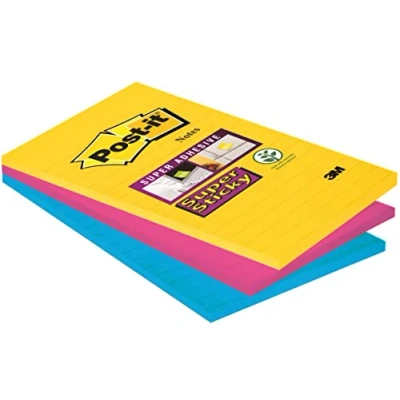 Bild av Post it Super klisterlappar, karneval färgsamling, fodrad, 101 mm x 152 mm, 90 ark/dyna, 3 dynor självhäftande anteckningar för anteckningar, att göra listor och påminnelser