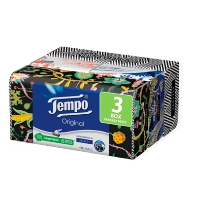 Bild av Tempo, pappersnäsdukslåda, 3 lådor med 80 engångsservetter, 4 slöjor, Box begränsad utgåva, Firmata Marras, olika grafik, återvinningsbar
