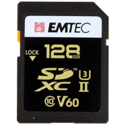 Bild av EMTEC SDXC UHS II U3 V60 SpeedIN Pro+ ECMSD128GUHS2V60 minneskort Burst bilder, Full HD videor, 3D, 4K, 8K UHD lagringskapacitet 128 GB, GB 2 rader PIN på baksidan svart/guld