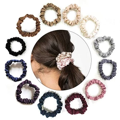 Bild av Uni Fine 12 färger satinhårsnodd, stark elastisk satin/silke små scrunchies enfärgad spårlös hårsnoddar för tjock/tunt hår, halkfri hästsvanshållare bandset kvinnor flickor gåva