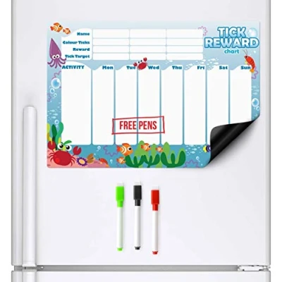 Bild av CKB LTD® Magnetic Reward Chart Ocean Creatures Belöningstavla för upp till tre barn fast tavla stänger 3 färgade markeringspennor torr torka magneter planerare