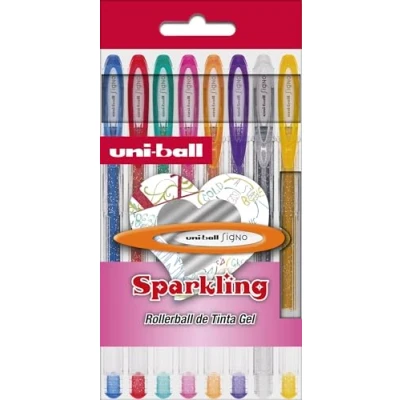 Bild av Uni Ball etui 8 rullar med 120 gnistrande. Bläck geleffekt purpurpurina. Blandade färger.