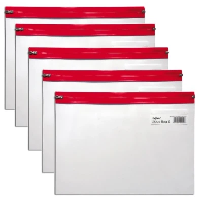 Bild av Snopake A5 Zippa Bag &#039;S&#039; Classic med skrivetikett [5 pack] 255 x 190 mm genomskinlig/röd blixtlåsremsa [Ref: 12692]