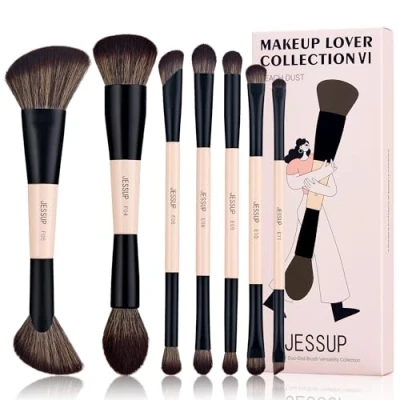 Bild av Jessup Sminkborstar Set,7st Dubbelsidiga För Fundament,Concealer, Rouge, Ögonskugga,Kontur, Brons,Puder,Blandning Ansikts Och Ögonsminkborstar Plågeri fri Borstel Peach Dust T600