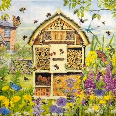 Bild av 20 servetter hus, trädgård och natur bihotell som bordsdekoration. Pappersservetter med motiv. Även för decoupage servettteknik 33 x cm