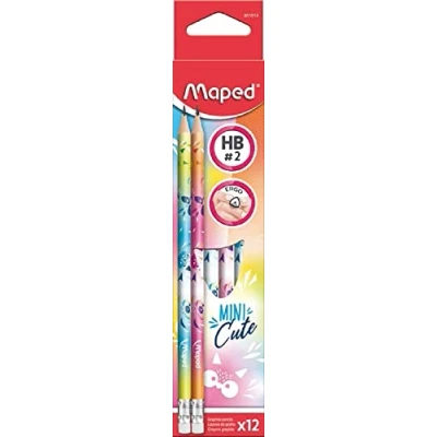 Bild av Maped 12 grafitpennor mini söt suddgummispets ergonomiska papperspennor och HB Mine tålig låda med grafitpennor, slumpmässig färg, 851814, 1 Unité (Lot de 1)
