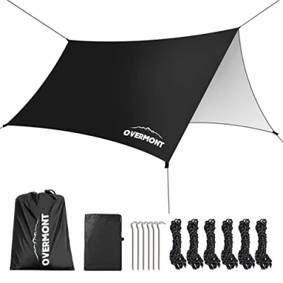Bild av Overmont Camping tältpresenning 3 m x presenning multifunktionell bärbar markis med 6 pinnar och rep solskydd för hängmatta utomhus resor picknick svart
