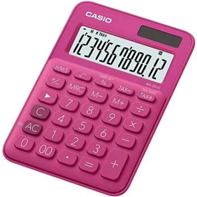 Bild av CASIO Bordsräknare MS 20UC RD, 12 siffrig i trendiga färger, kontrollberäkning, tidsomvandling, sol /batteridrift, 2,3 x 10,5 14,95 cm