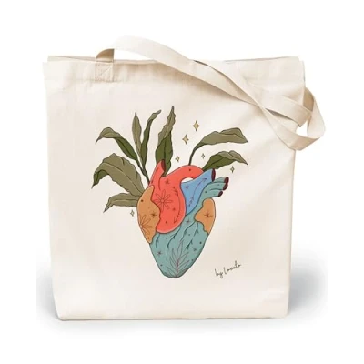 Bild av Loxato tygpåse med tryck bomullspåse tryckt 100 % B 35 x H42 D8 cm bärväska canvastyg 220 g/m2 jutepåse shoppingväska långt handtag 70 shoppingpåse, Hjärta jord, Extra