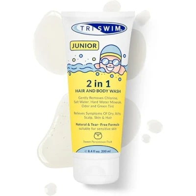 Bild av TRISWIM Junior Anti Chlorine After Swim Bath Gel and Shampoo för Barn, Avlägsnar Skonsamt Klor och Poolukt, Naturlig Formel Förhindrar Hudklåda, Eliminerar Grön Nyans 200 ml, Sweetness
