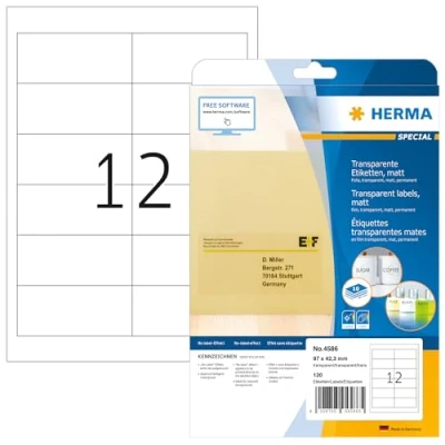 Bild av HERMA 4586 väderbeständiga folieetiketter A4 transparent (97 x 42,3 mm, 10 ark, polyesterfolie, matt) självhäftande, utskrivbara, permanenta filmetiketter, 120 klistermärken