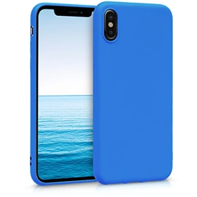Bild av kwmobile TPU silikonfodral kompatibelt med Apple iPhone X mjukt flexibelt skyddande telefonskydd metalliskt bär. Neonblå