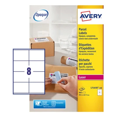 Bild av Avery L7165B självhäftande förpackningsetiketter, laserskrivare, 8 etiketter per A4 ark, 800 etiketter, blockout
