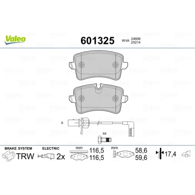 Bild av VALEO 601325 Jeu de plaquettes frein Essieu arrière contact signal d&#039;usure inclus avec kit vis fixation, tôle anti bruit