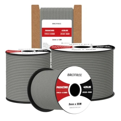 Bild av Brotree 3mm Paracord 425 50M 100% Nylonrep 3 Trådar Sladd Typ II för Utomhus, Hundkoppel, DIY, Hantverk 192kg Brottlast (Antracitgrå)