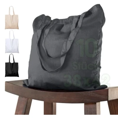 Bild av Bomullspåse 38x42 cm 10 delar, otryckt, långt handtag, tygpåse, bärväska, påse, bomullspåse, jutepåse OEKO TEX® certifierad shoppingväska, shoppingväska för målning (Mörkgrå)