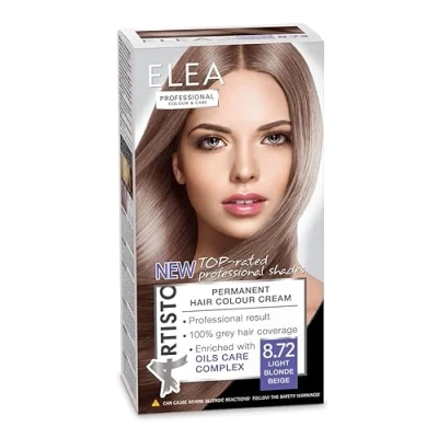 Bild av Elea professional permanent hårfärg Artisto äkta 8,72 ljusblond beige 123 ml professionellt resultat 100 % täckning av grått hår berikad med vårdkomplex oljor