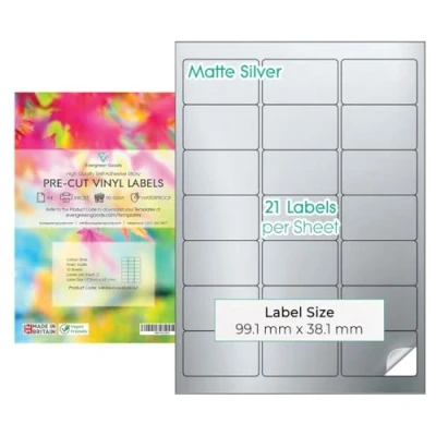 Bild av 10 ark A4 silver matt vinyl färdigskurna vattentäta multifunktionella etiketter självhäftande för flera klistermärken bläckstråleskrivare och laserutskrivbara (3 x 7 (21 per ark))