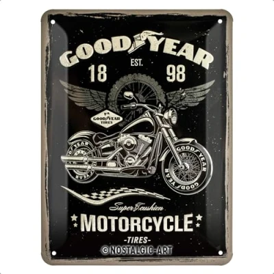 Bild av Nostalgic Art Plåtskylt i retrostil, Goodyear Motorcycle Presentidé för bil och motorcykelfantaster, av metall, Deko vintagedesign, 15 x 20 cm