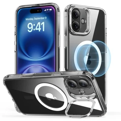 Bild av ESR fodral med stativ för iPhone 16 Plus, Magsafe Halolock, skydd i militärklass, inbyggt kamera ringhållare, transparent