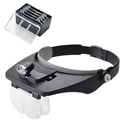 Bild av COVVY förstoringsglas med 2 LED lampor, handsfree headset Lupphuvudmonterade 4 avtagbara linser för läsning, elektronisk reparation, smycken, sömnad, hantverk, klocka