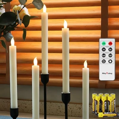 Bild av Rhytsing Set med 5 batteridrivna, avsmalnande ljus fjärrkontroll, LED middagsljus, lugnande vaxfinish, tryckknapp, varmt vitt ljus, batterier ingår, elfenbensvita