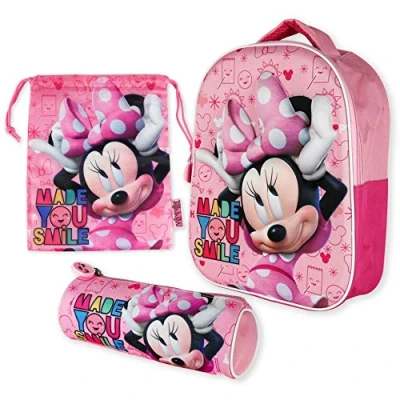 Bild av Skolväska 3D, väska med dragsko, pennfodral Minnie Mouse Skolväskor för pojkar och flickor 3 år, Skolväskpaket ryggsäck, lunchväska, Tillbaka till skolan