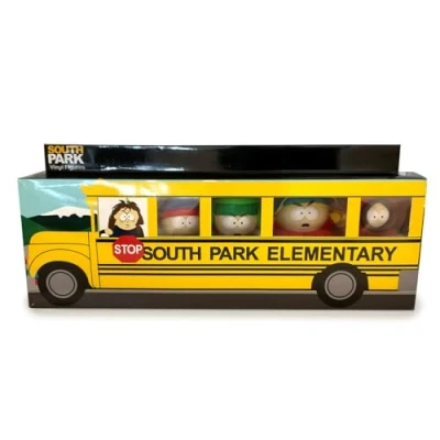 Bild av South Park 2,5 tum vinylfigur samling skolbusslåda. Inkluderar Cartman, Stan, Kenny, Kyle och Butters
